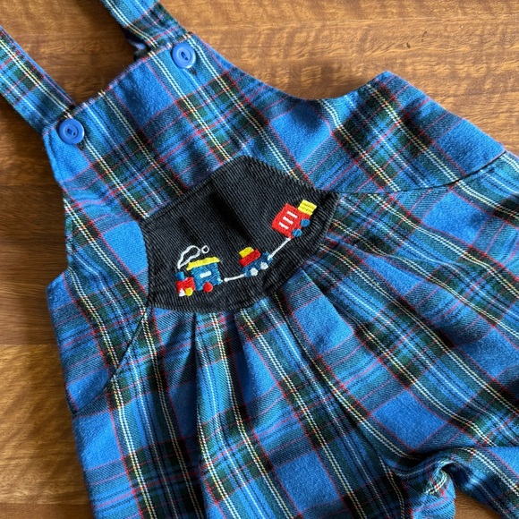 Other - Vintage Plaid Romper Overalls 90s Y2K Blue Red Train 12 Months Baby Toddler Boy